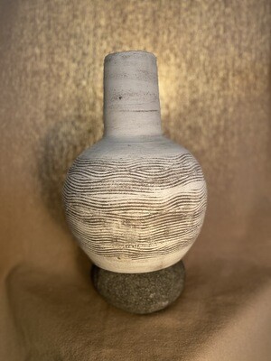 Textured Clay Vessel On River Rock Base - White