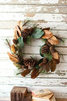 Artificial Magnolia and Pine Wreath