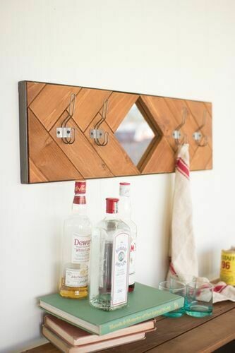 Recycled Honey Wood Mirror w/Four Coat Hooks