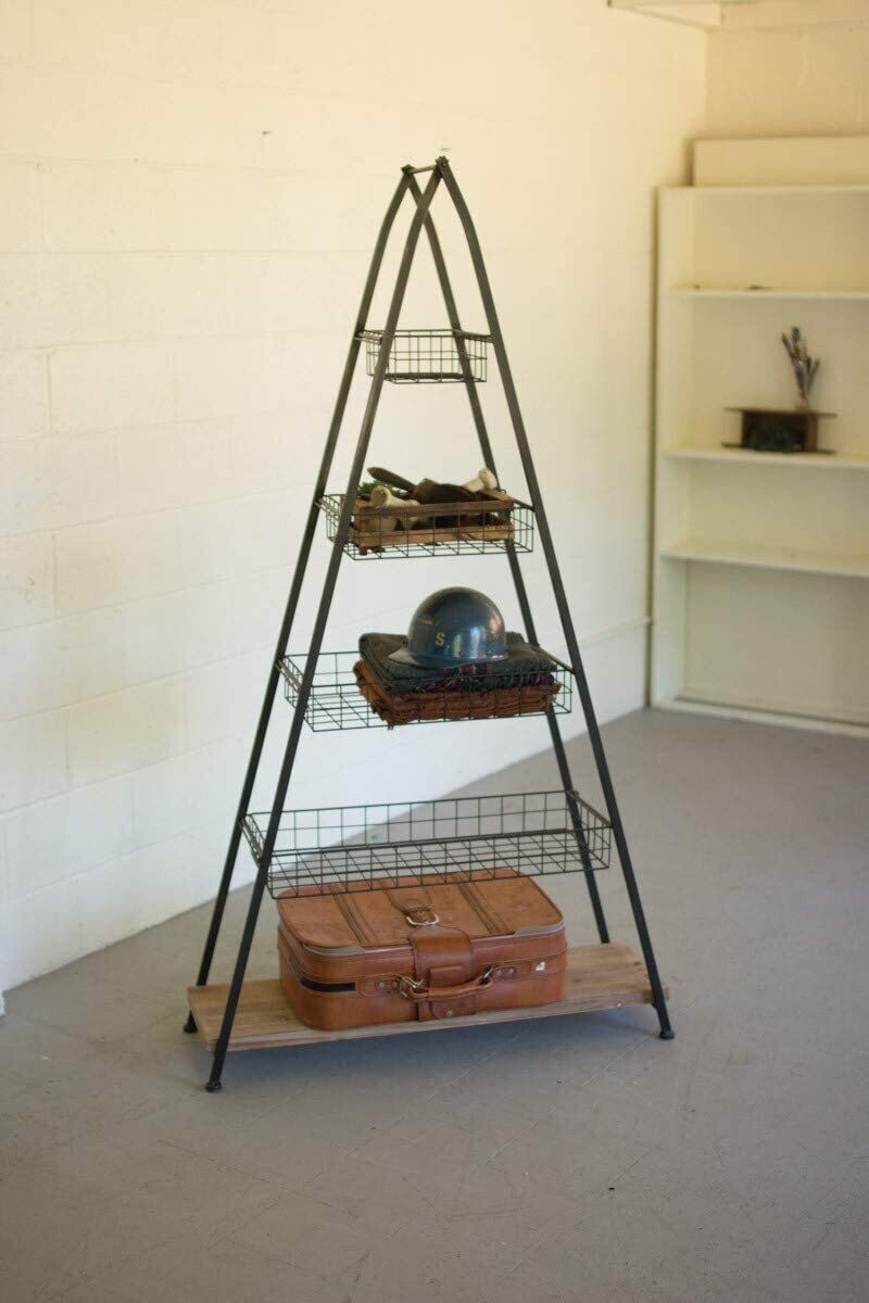 A-Frame Tower W/Wire Baskets &amp; Wooden Shelf