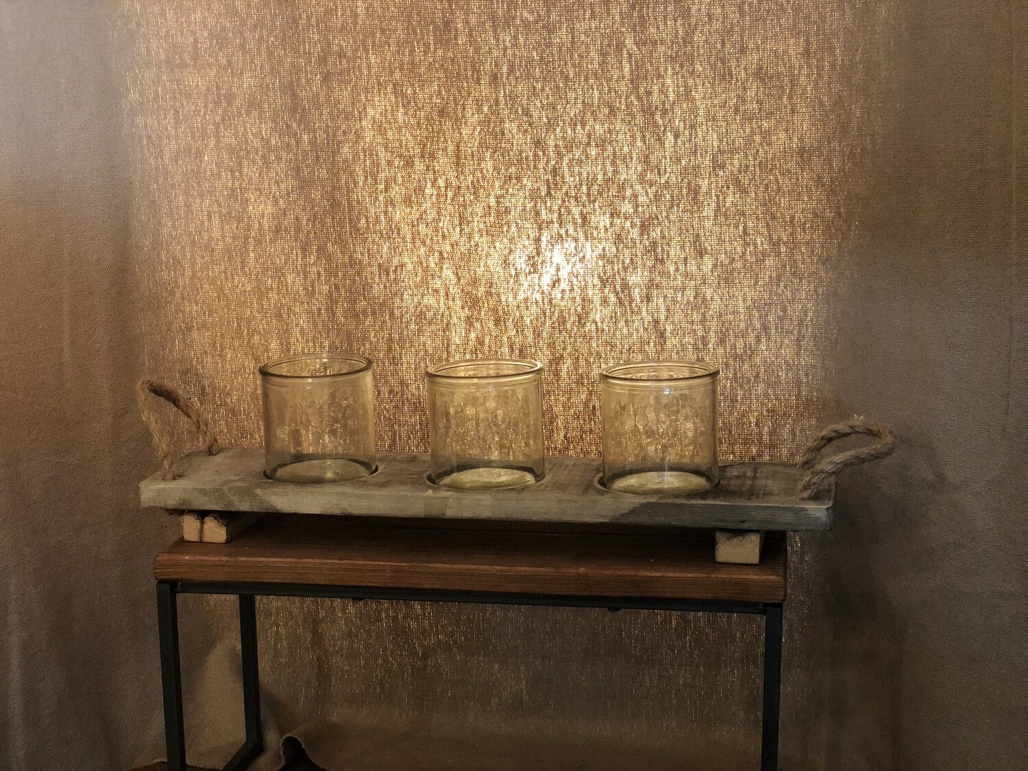 3 Glass Candle Holders on a Recycled Wooden Base 3 Glass Candle Holders on a Recycled Wooden Base