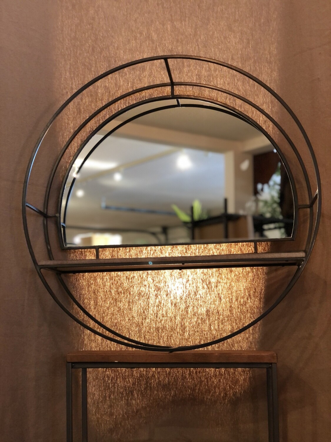 Iron &amp; Wood Round Mirror w/Shelf