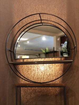 Iron & Wood Round Mirror w/Shelf