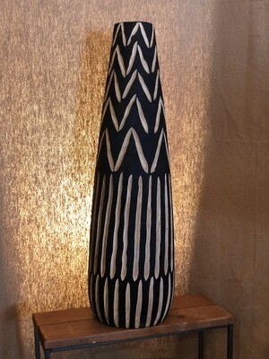Tall Black Wooden Vase w/Carving - Lg
