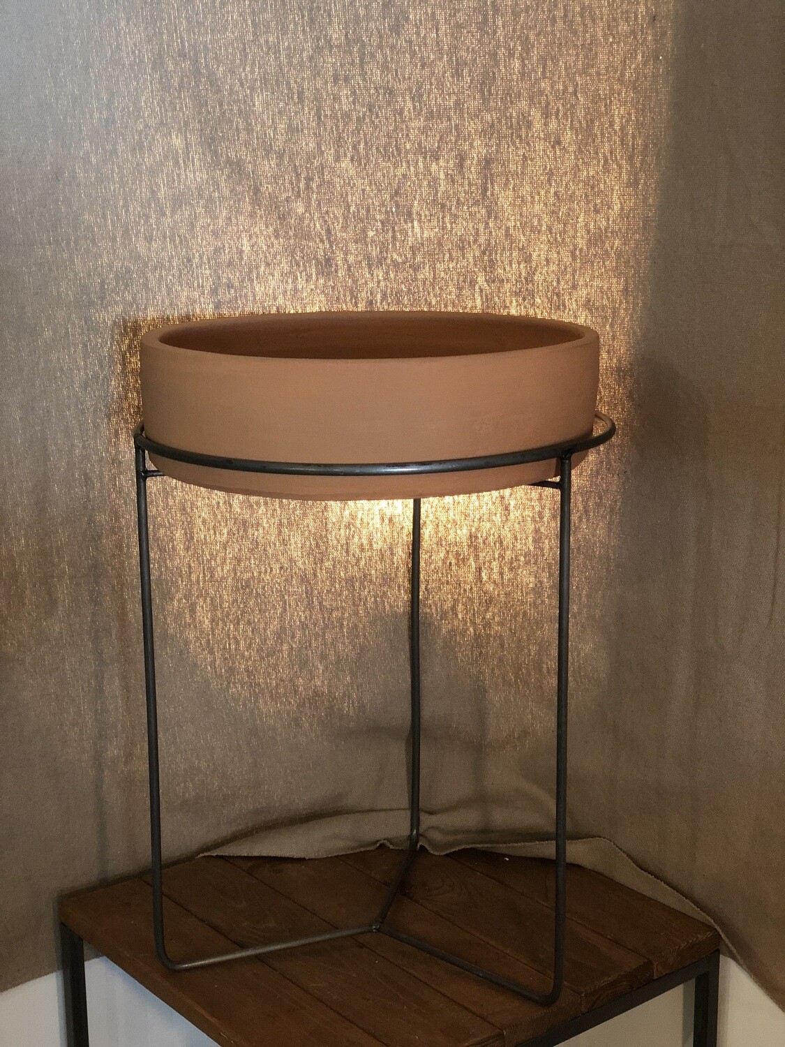 Large Shallow Clay Planter w/Metal Stand