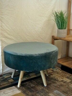 Velvet Ottoman with Wooden Legs-Steel Blue