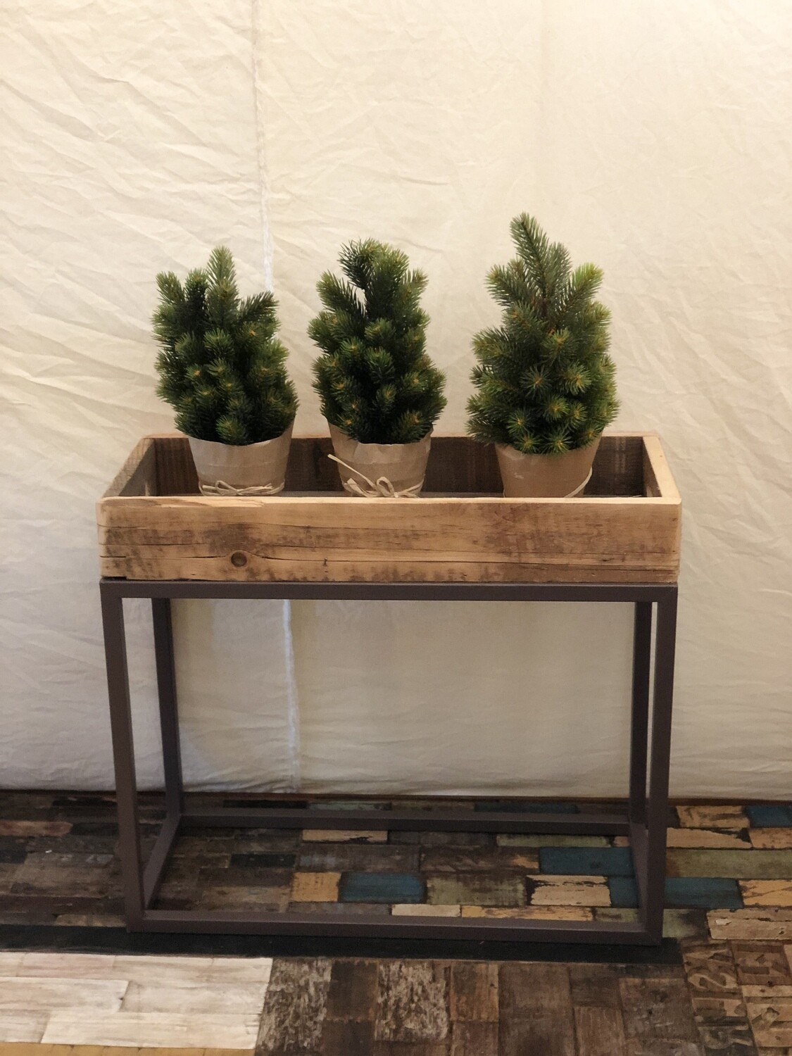 Rustic Recycled Wood Console Tray on Metal Base-Sm