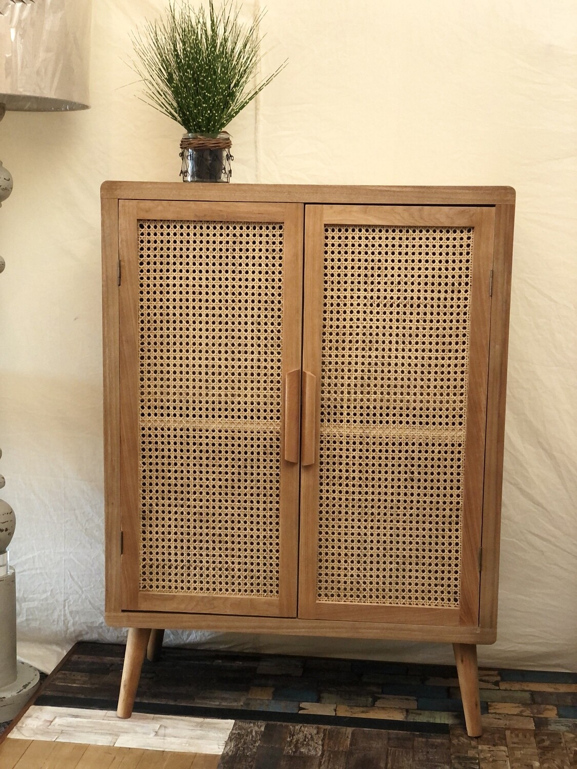 Tall Wood Cabinet w/Two Woven Cane Doors