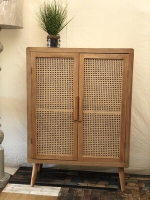 Tall Wood Cabinet w/Two Woven Cane Doors