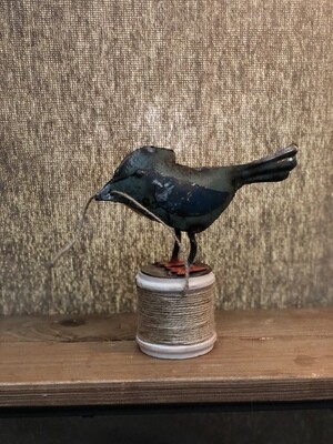 Recycled Iron Bird on Wooden Spool of Jute - Teal