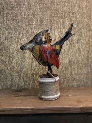Recycled Iron Bird on Wooden Spool of Jute - Yellow
