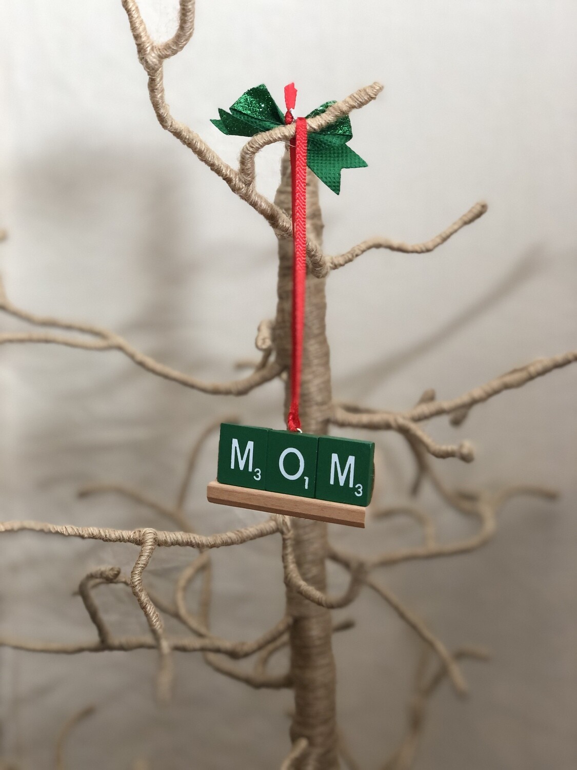 Mom Green Scrabble Ornament w/Bow 2.25&quot;L x 1&quot;H