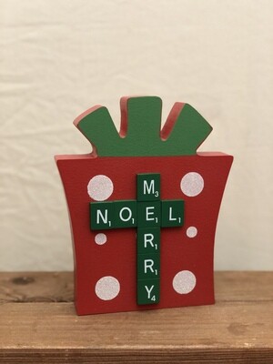 Merry/Noel Scrabble Wooden Present 5.5"L x 6.5"H