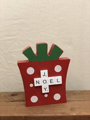 Joy/Noel Scrabble Wooden Present 5.5"L x 6.5"H