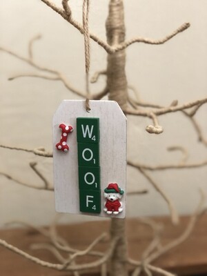 Woof Green & Red Sm. Scrabble Tag Ornament 2.5"L x 4"H