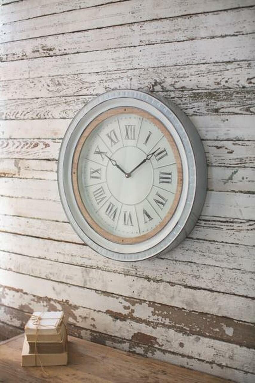 Enamelware Clock w/Wood Detail