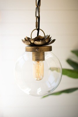 Glass Ball Pendant Light w/Brass Leaves Detail