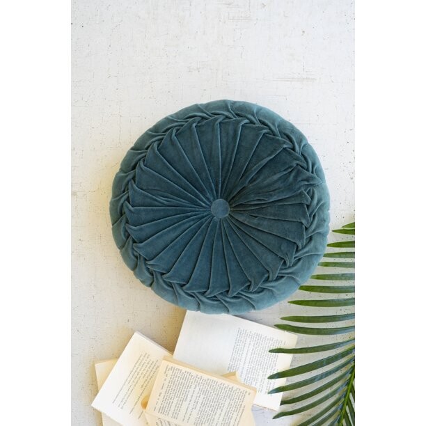 Round Tufted Velvet Pillow - Steel Blue