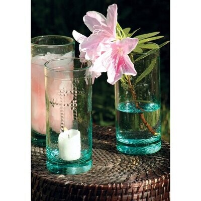 Rustic Glass Candleholder, Vase or Drinkware w/Cross Detail