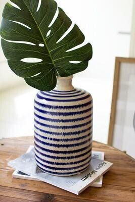 Small Blue &amp; White Striped Ceramic Bottle