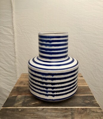 Blue &amp; White Striped Ceramic Vessel - Large