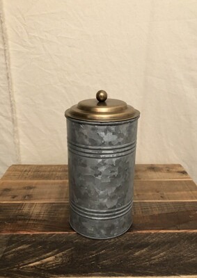 Antique Galvanized Metal Canister w/Brass Lid Sm