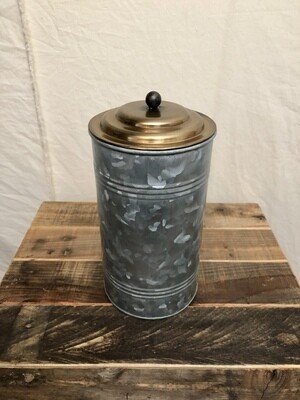 Antique Galvanized Metal Canister w/Brass Lid Med