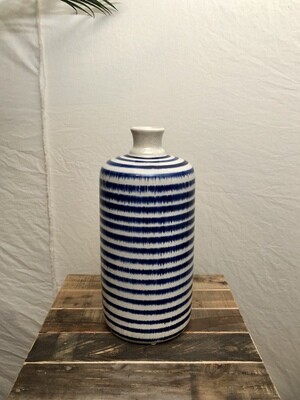 Large Ceramic Blue &amp; White Striped Bottle
