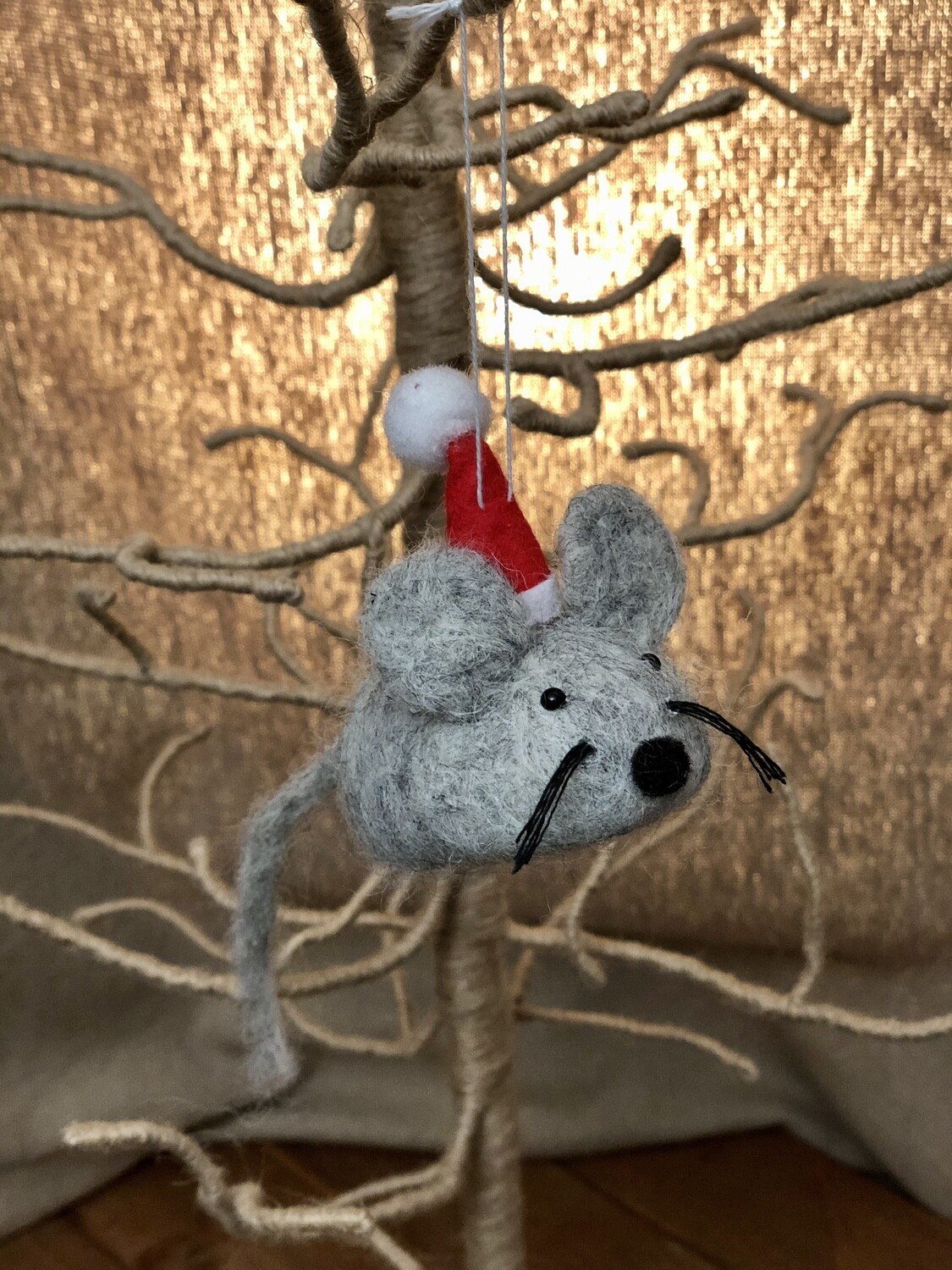 Felt Gray Mouse w/Santa Hat Ornament