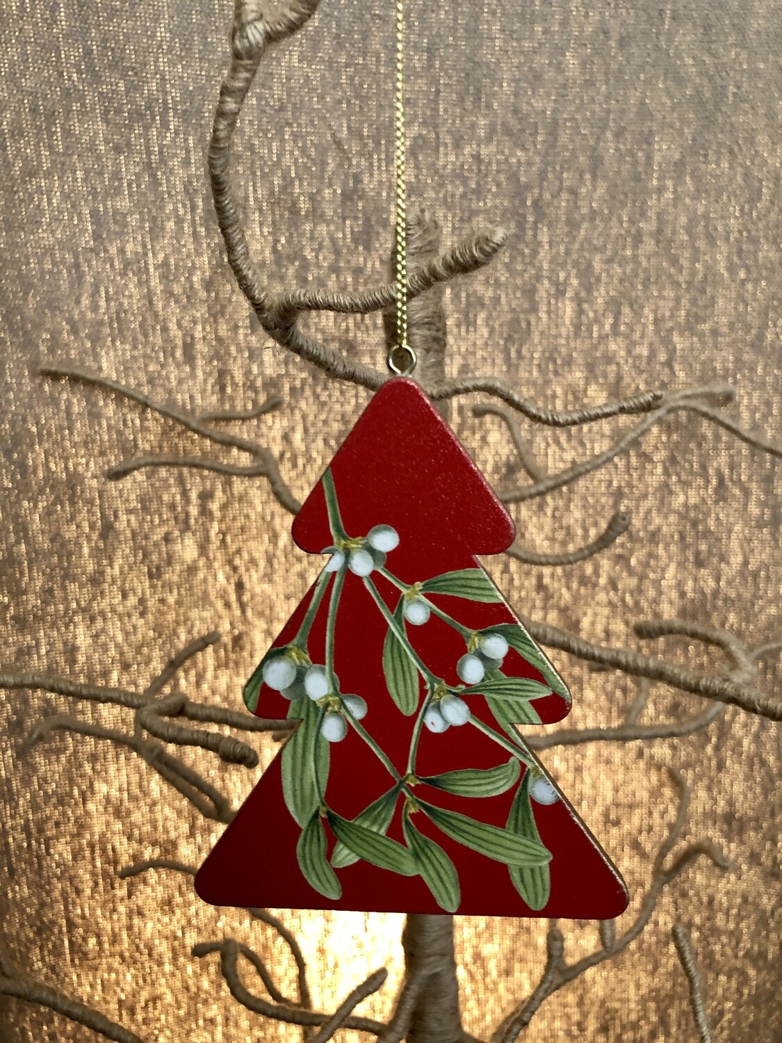 Double Sided Wood Painted Mistletoe Red Tree Ornament Double Sided Wood Painted Mistletoe Red Tree Ornament