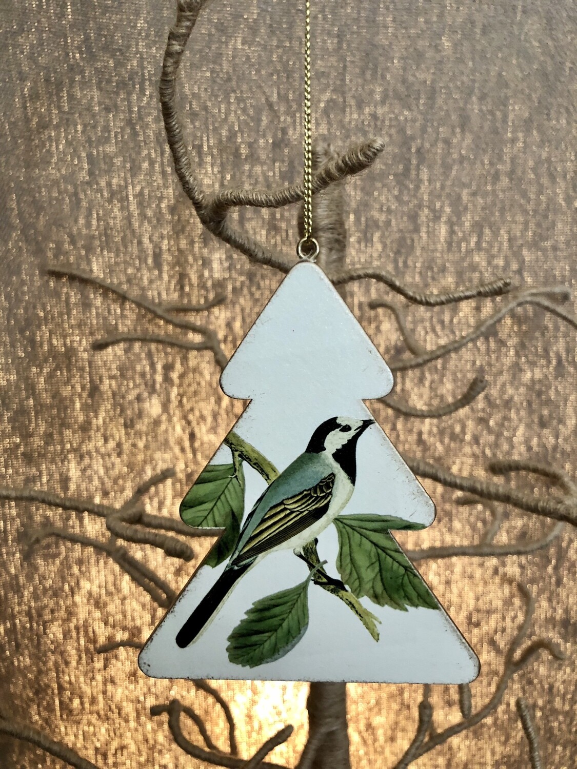 Double Sided Wood Painted White Tree w/Blue Bird Ornament Double Sided Wood Painted White Tree w/Blue Bird Ornament