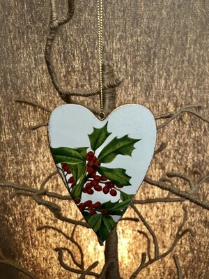Double Sided Wood Painted Holly White Heart Ornament Double Sided Wood Painted Holly White Heart Ornament
