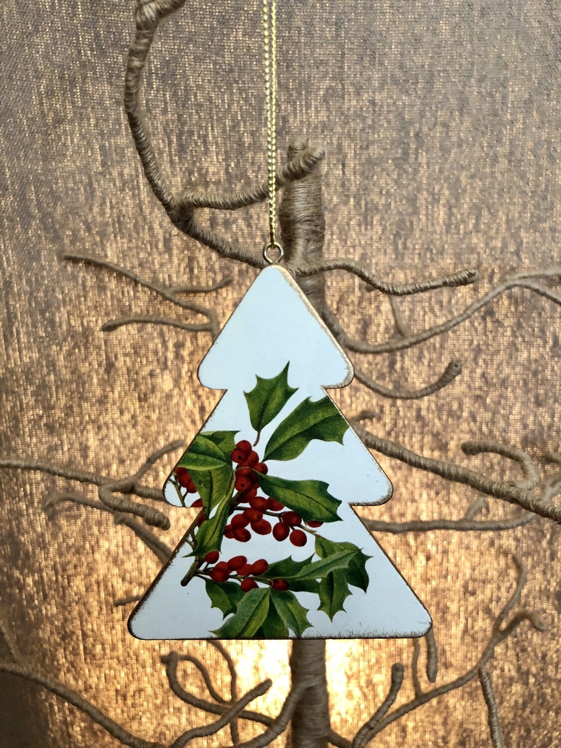 Double Sided Wood Painted Holly White Tree Ornament Double Sided Wood Painted Holly White Tree Ornament