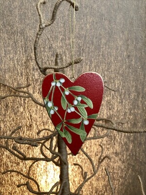Double Sided Wood Painted Mistletoe Red Heart Ornament Double Sided Wood Painted Mistletoe Red Heart Ornament