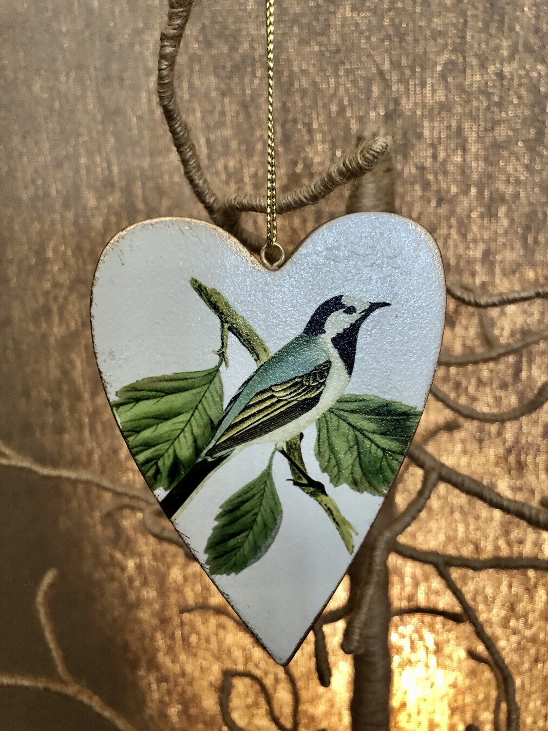 Double Sided Wood Painted White Heart w/Blue Bird Ornament Double Sided Wood Painted White Heart w/Blue Bird Ornament