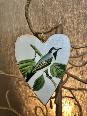 Double Sided Wood Painted White Heart w/Blue Bird Ornament Double Sided Wood Painted White Heart w/Blue Bird Ornament