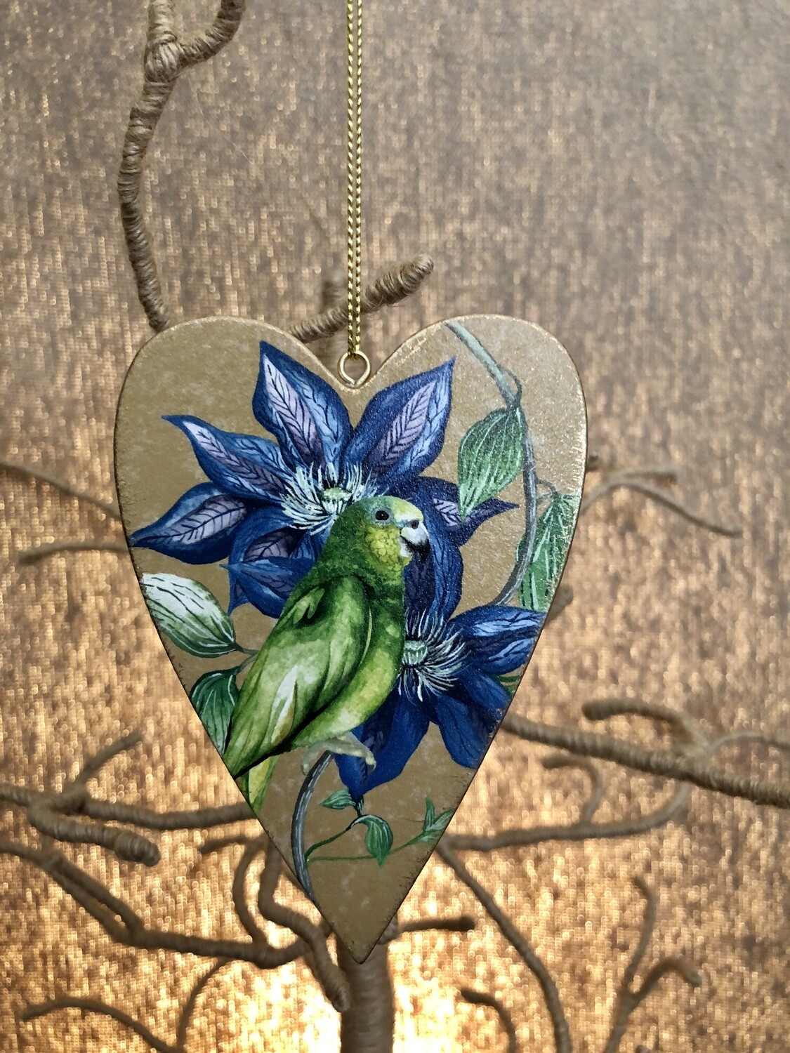 Double Sided Wood Painted Heart w/Green Parrot Ornament