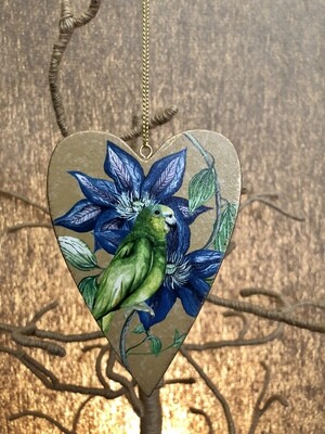 Double Sided Wood Painted Heart w/Green Parrot Ornament