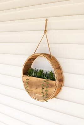 Round Recycled Wood Wall Planter w/Rope Hanger