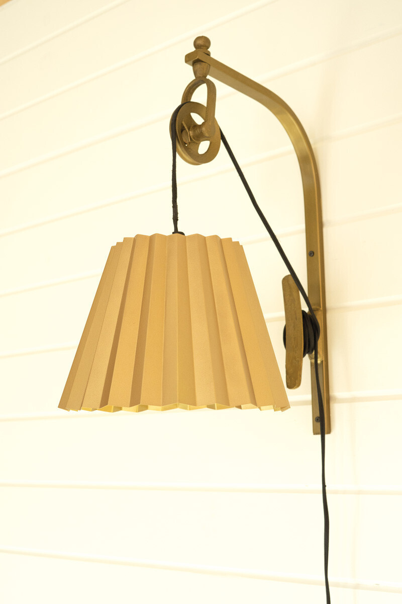 Antique Brass Pulley Wall Lamp w/Pleated Brass Shade