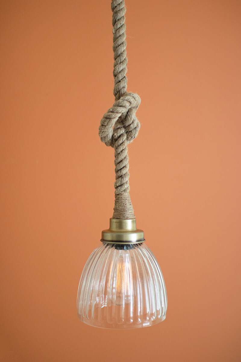 Clear Fluted Glass Antique Brass Pendant Light w/Rope