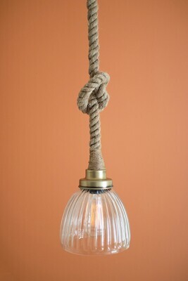 Clear Fluted Glass Antique Brass Pendant Light w/Rope