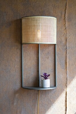 Wall Sconce Light w/Rattan Shade &amp; Metal Shelf