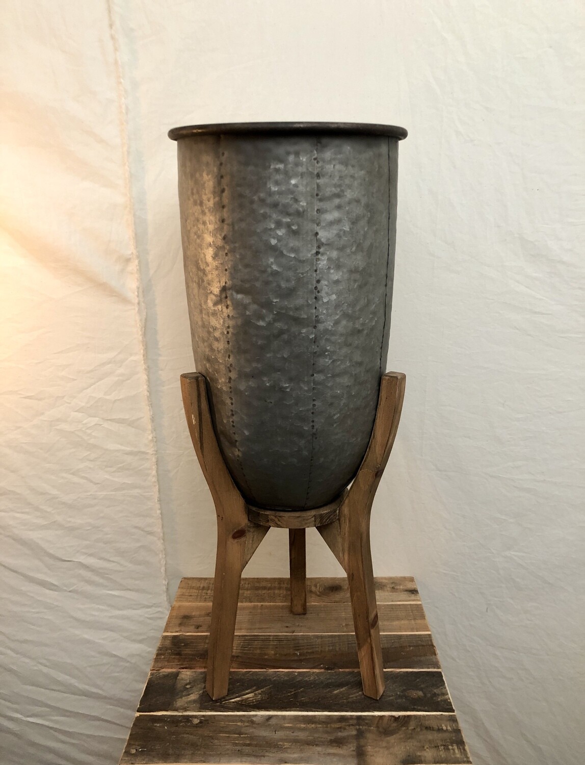 Galvanized Urn on Wood Base - Lg