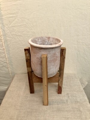 White Washed Clay Flower Pot on Recycled Wood Stand - Med