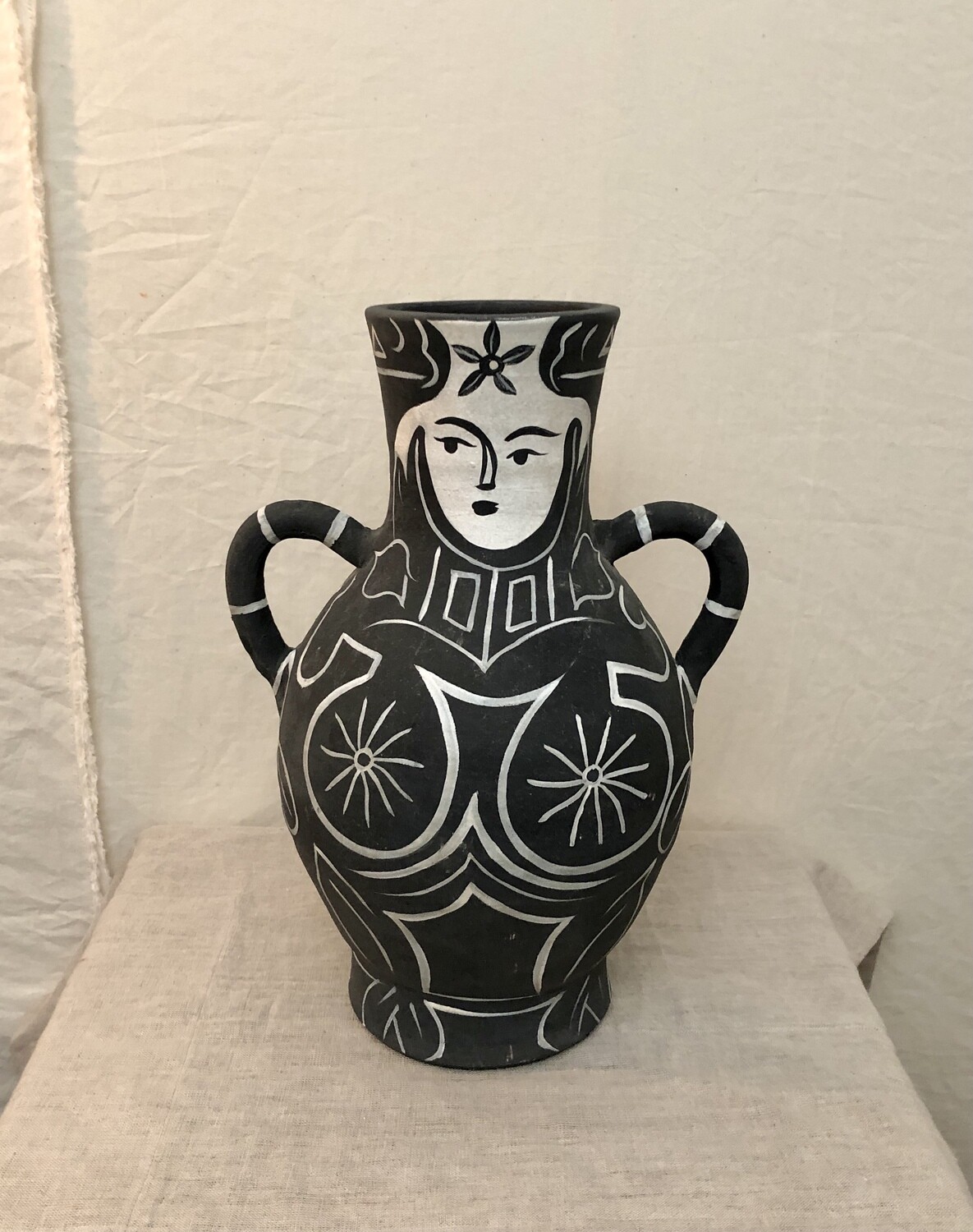 Ceramic Black &amp; White Vase w/Two Handles