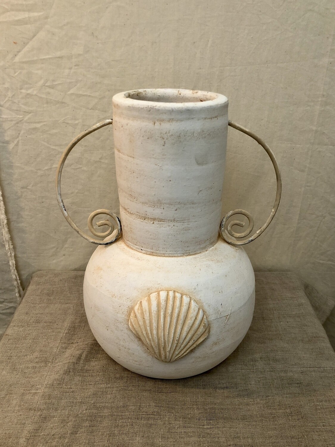 Clay Vase w/Iron Handles & Sea Shell Detail - Lg Clay Vase w/Iron Handles & Sea Shell Detail - Lg