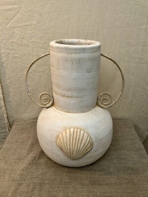 Clay Vase w/Iron Handles & Sea Shell Detail - Lg Clay Vase w/Iron Handles & Sea Shell Detail - Lg