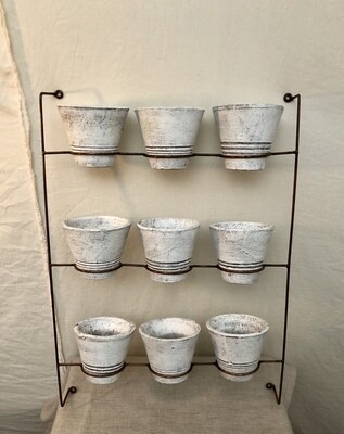 S/9 White Wash Clay Pots on Copper Finish Wall Rack