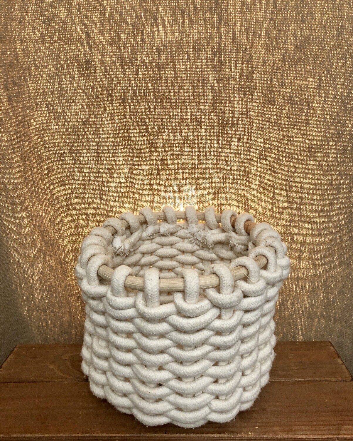 Round Coiled Cotton Basket w/Rattan Trim - White